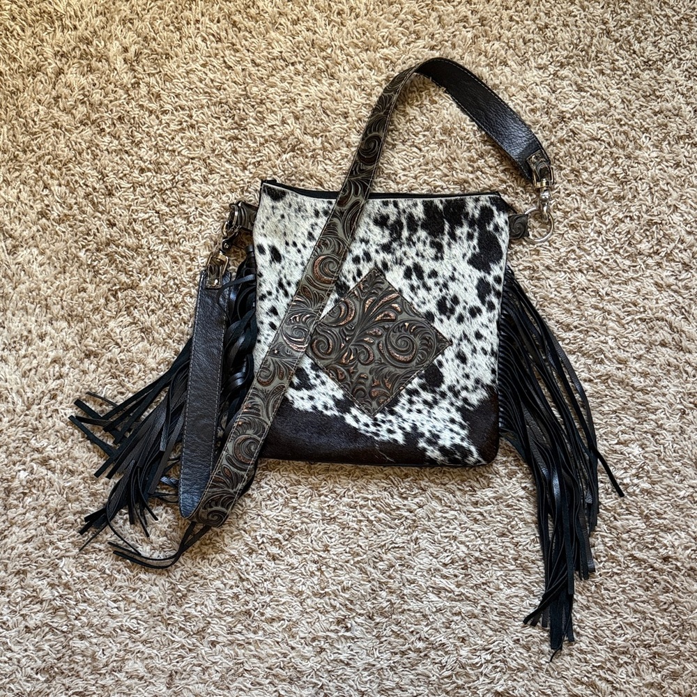 4w Custom Leather Black and White Cowhide Fringe Shoulder Bag